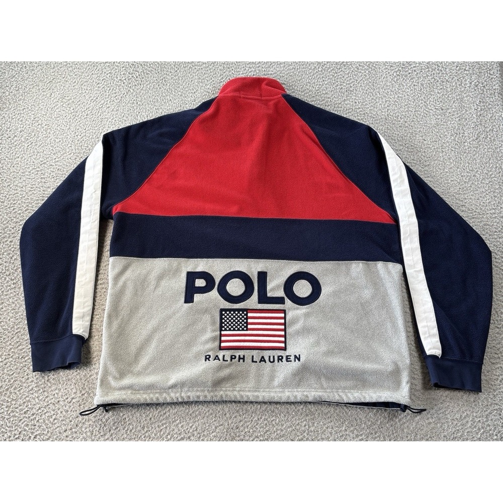 Vintage Polo Ralph Lauren Fleece Pullover Mens Large Quarter Zip USA Flag Crest